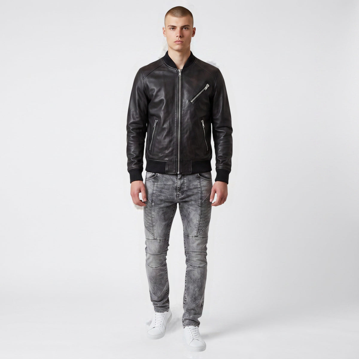 Men’s Black Leather Bomber Jacket-0