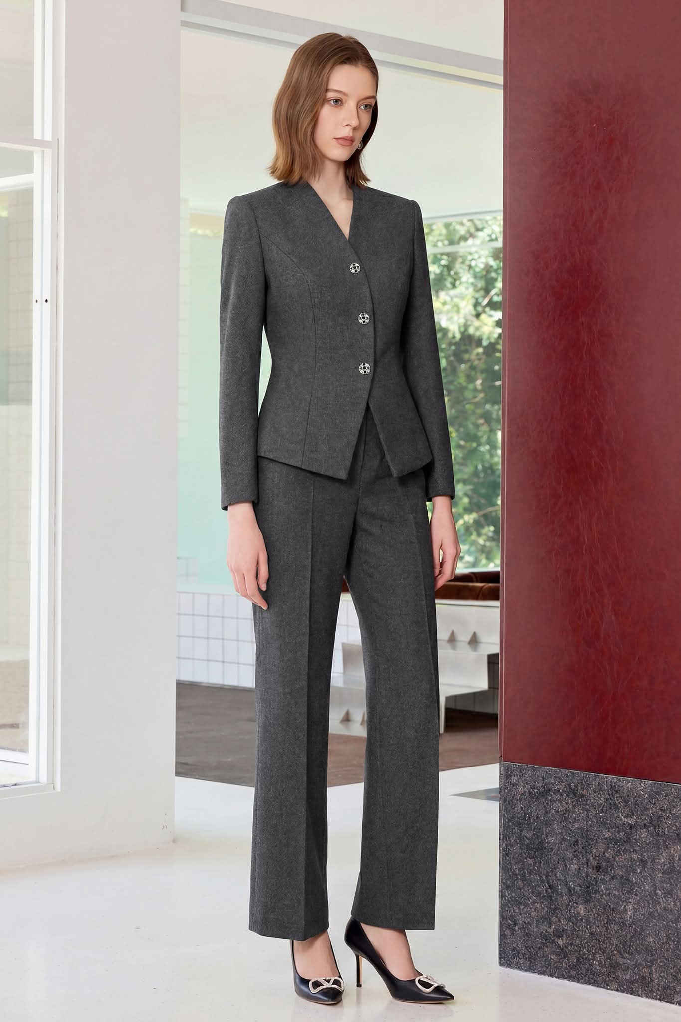 Charcaol grey collarless pantsuit-3