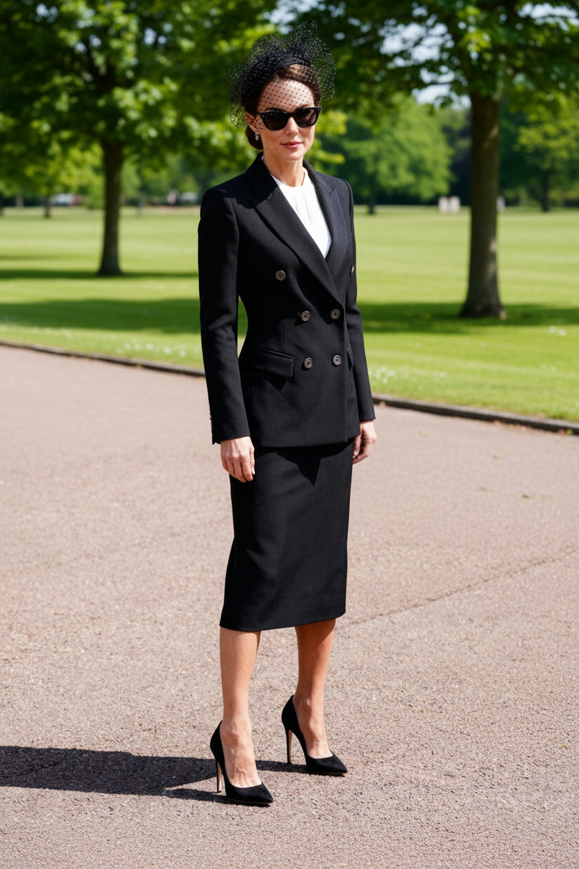 Double breasted pantsuit or skirt suit in black-3