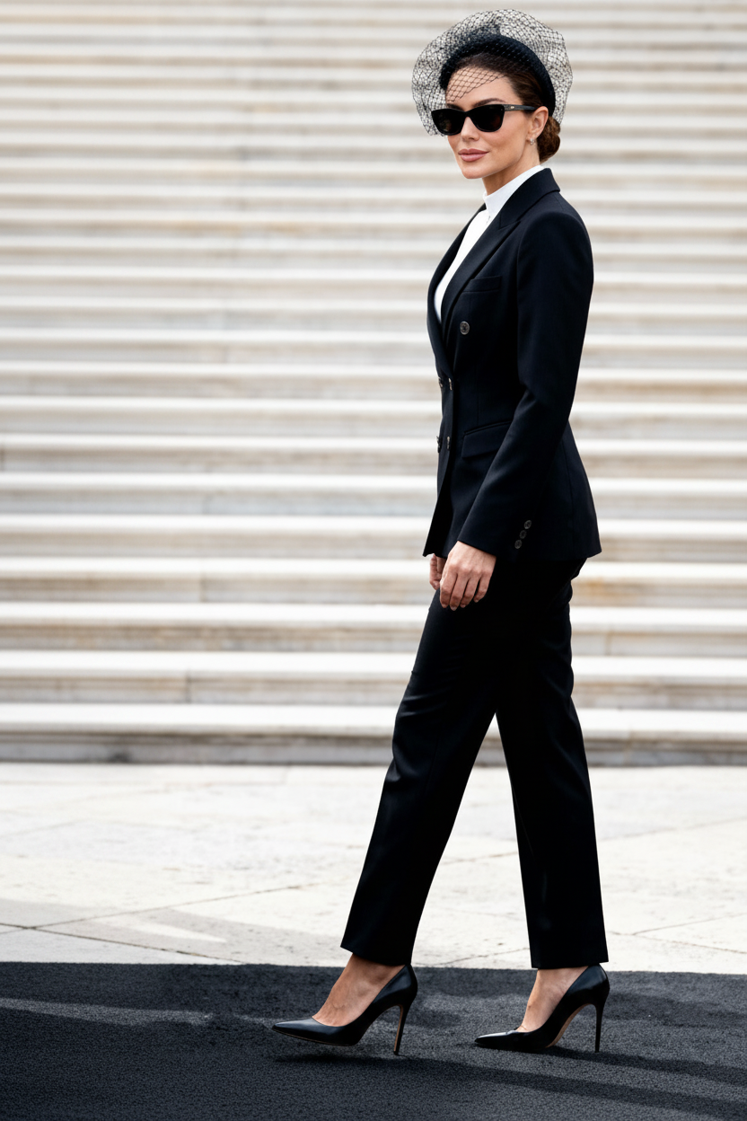 Double breasted pantsuit or skirt suit in black-1