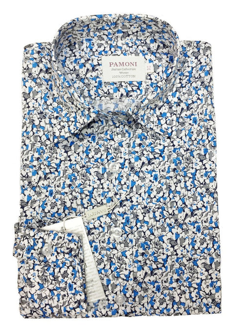 Blue & White Floral Print Fitted Shirt-0