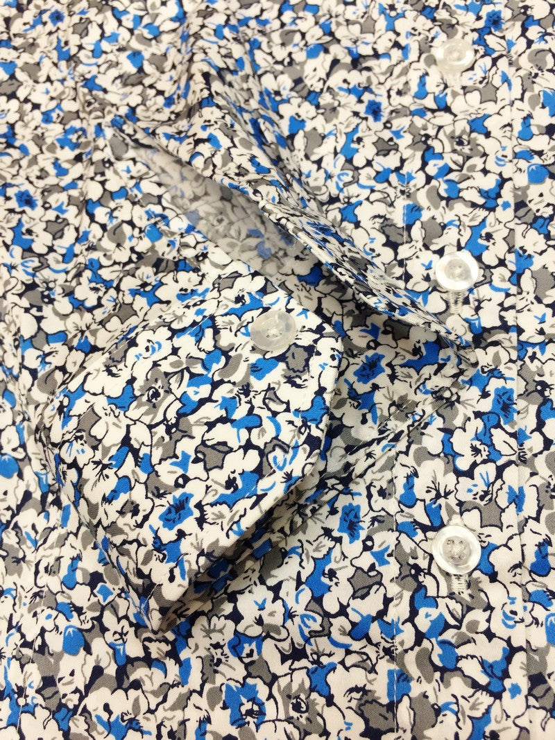 Blue & White Floral Print Fitted Shirt-2