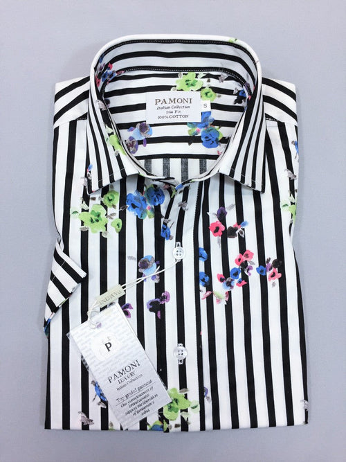 Black Stripe Floral Print Short Sleeves Shirt-0