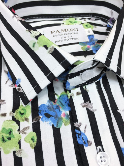 Black Stripe Floral Print Short Sleeves Shirt-1