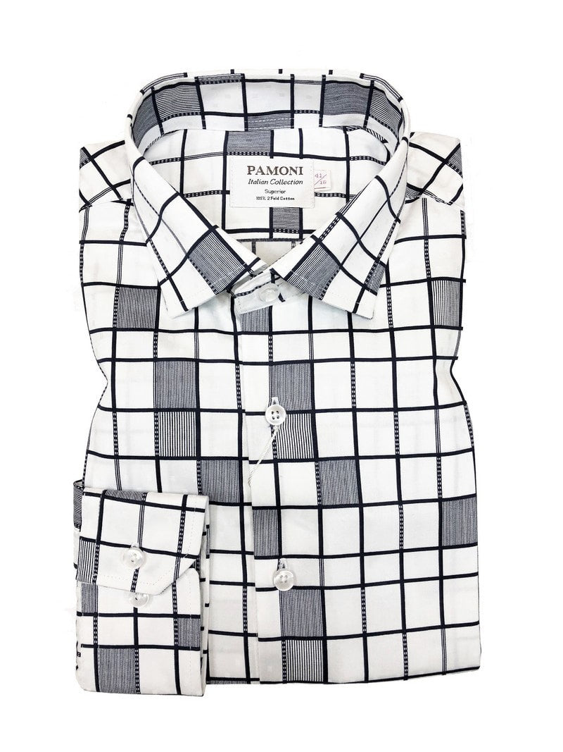 White Grey Pattern Check Slim Fit Shirt-0