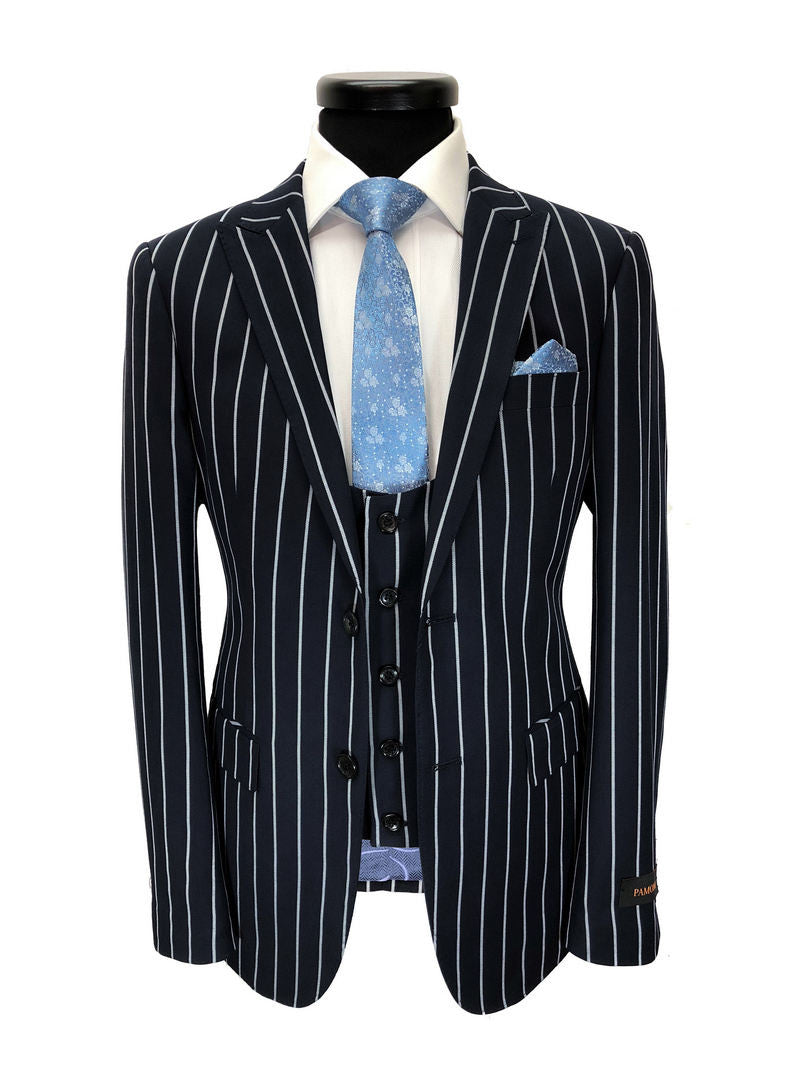 Navy Bold Stripe 2-button 3-piece Suit-0