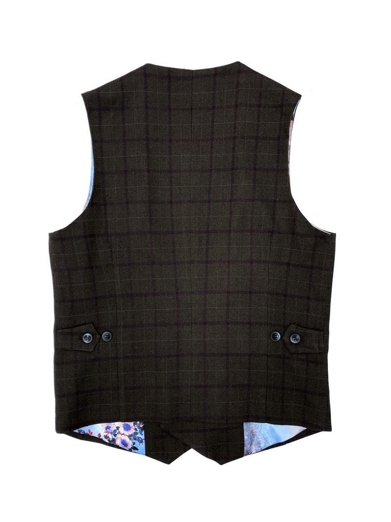 Brown Burgundy Check Tweed Blazer With Matching Waistcoat-4