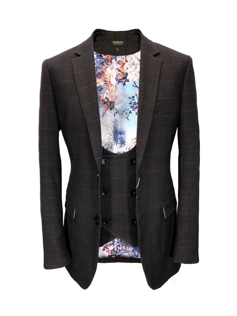 Brown Burgundy Check Tweed Blazer With Matching Waistcoat-0