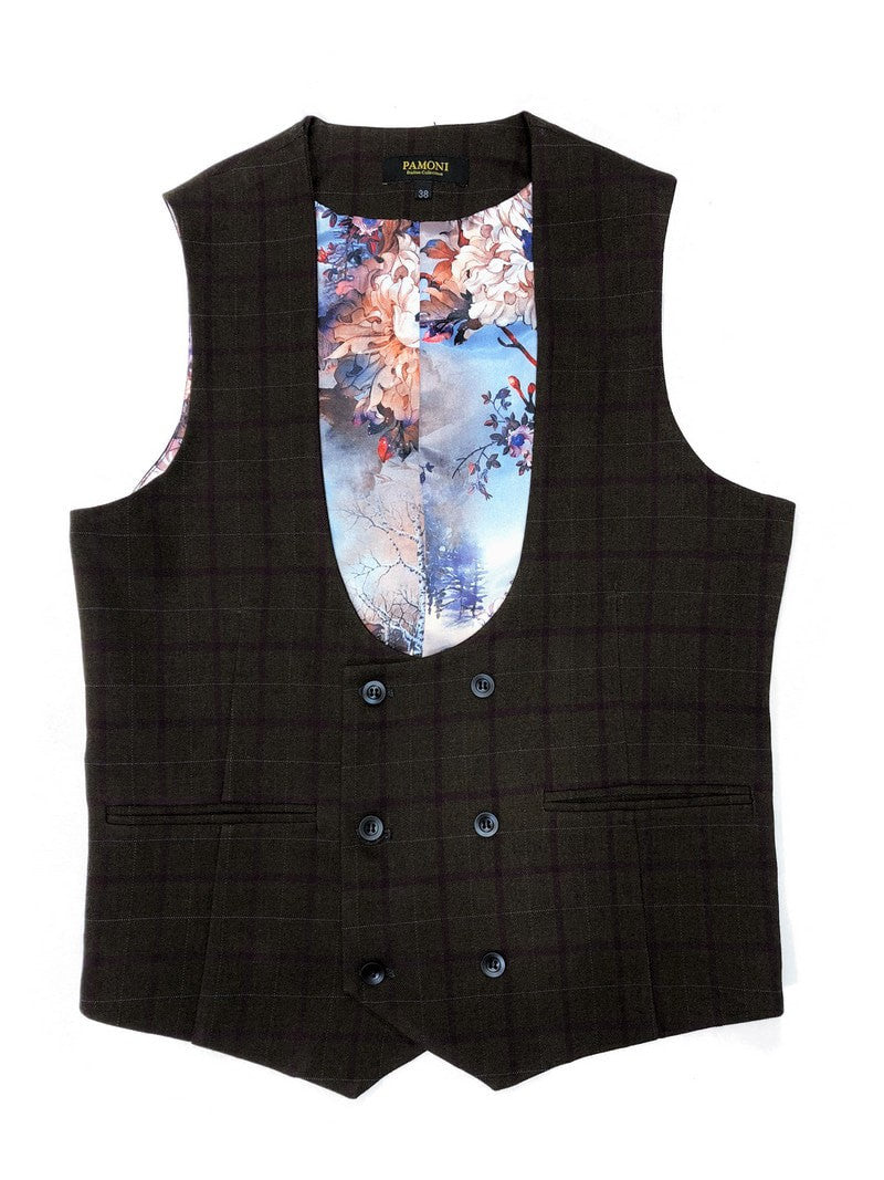 Brown Burgundy Check Tweed Blazer With Matching Waistcoat-3