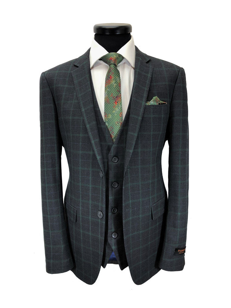 Grey & Green Check 2 Button 3-piece Suit-0