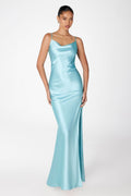 Mermaid dress with spaghetti straps, U-shaped back, leg opening-5