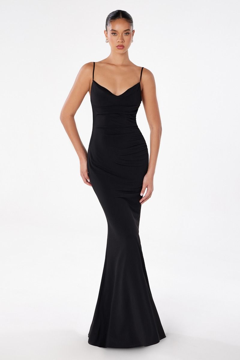 Minimalist Open Back Lace Detail Fitted ITY Evening Gown with Spaghetti Straps-1