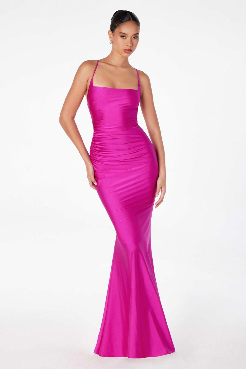 Mermaid dress with square neckline, spaghetti straps and corset back-0