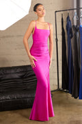 Mermaid dress with square neckline, spaghetti straps and corset back-4