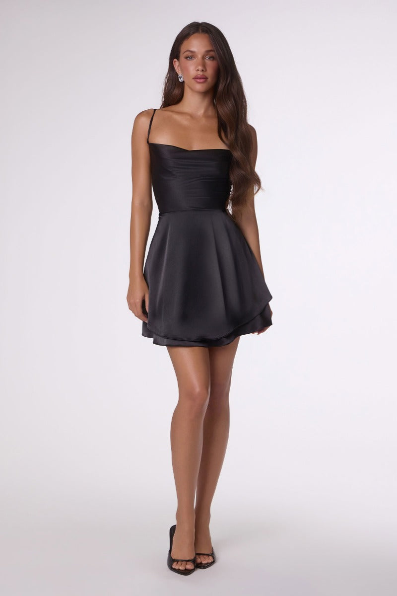 Chic Draped Neck Satin Mini Dress | Lace-Up Back Fit & Flare Party & Homecoming Dress-4
