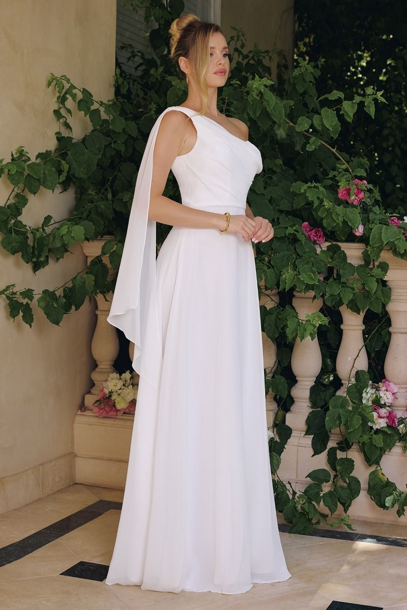 Flowing chiffon gown, one-shoulder neckline A-line-3