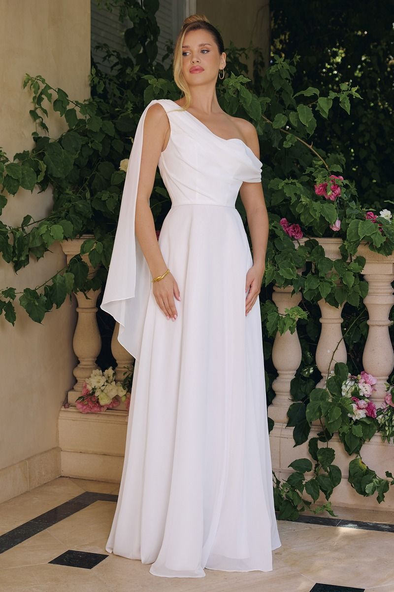Flowing chiffon gown, one-shoulder neckline A-line-0