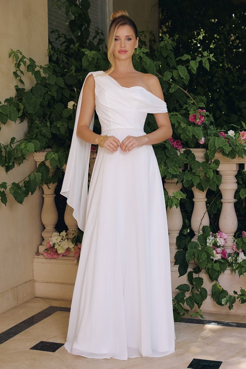Flowing chiffon gown, one-shoulder neckline A-line-2