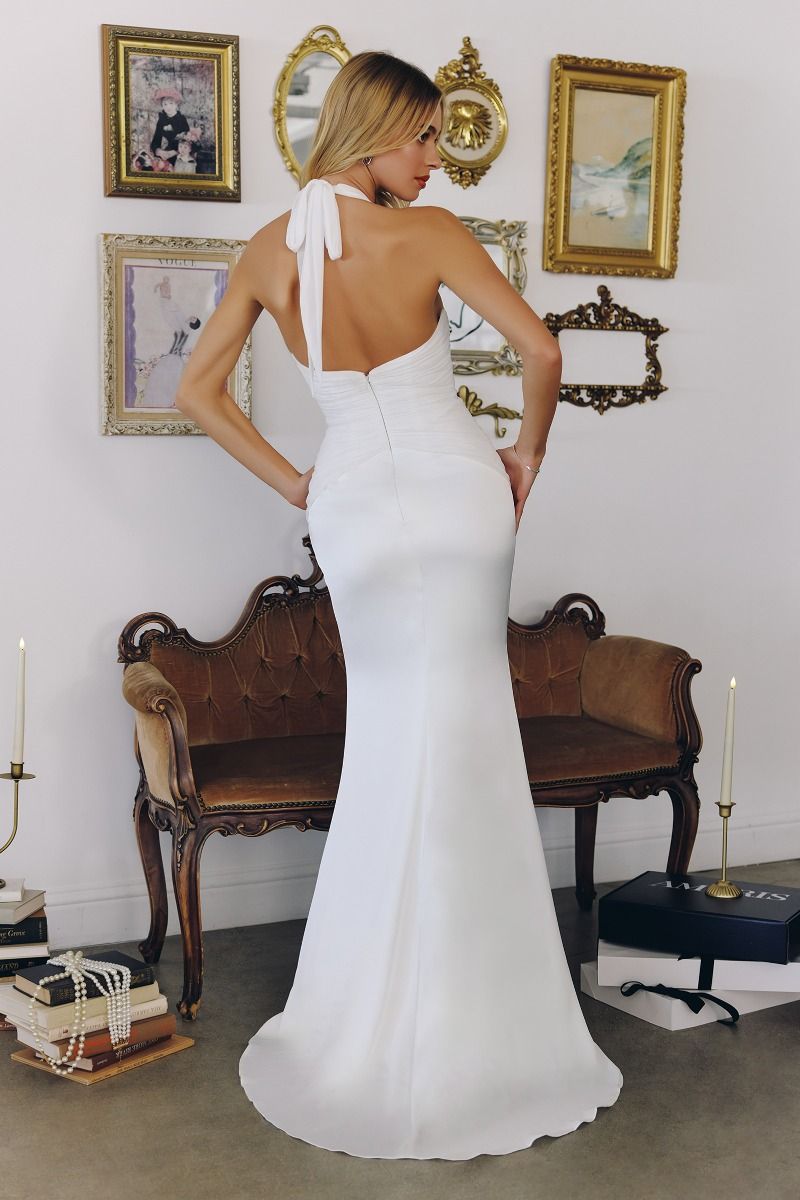 Sculpted Halter Plunging V Satin Bridal Gown Bridal with Chiffon Pleated Bodice-3