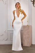 Sculpted Halter Plunging V Satin Bridal Gown Bridal with Chiffon Pleated Bodice-0