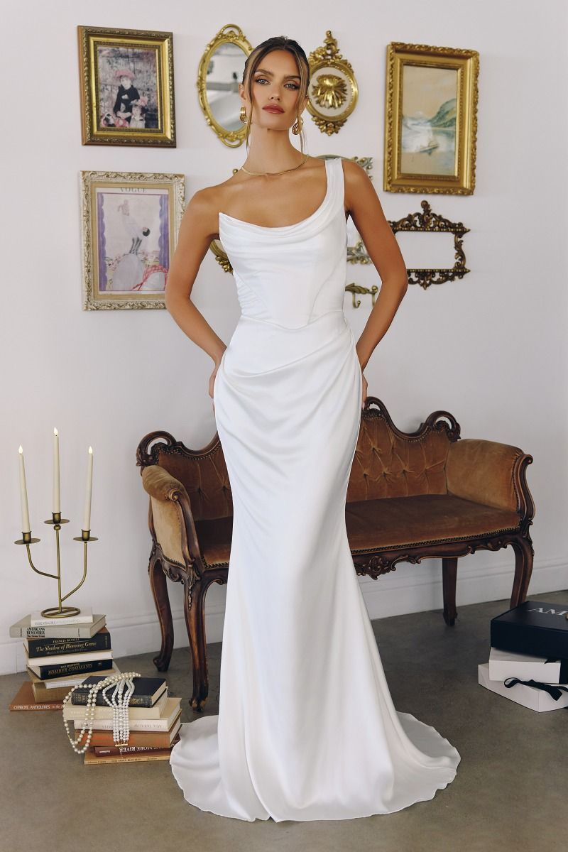 One-Shoulder Stretch Satin Gown Bridal Blends Sculpted, Draping-0