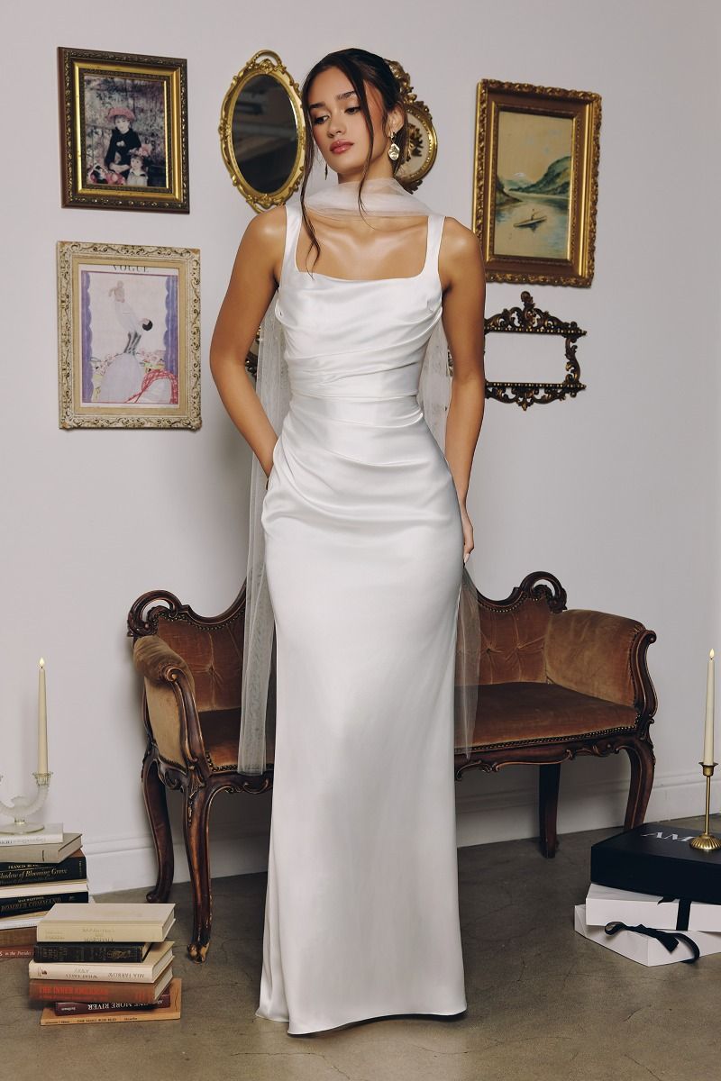 Elegant Satin Fitted Gown Bridall with Corset Lace-Up Back and Removable Sheer Scarf-0