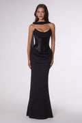 Draped Stretch Satin and Crepe Fitted Gown with Chiffon Scarf-5