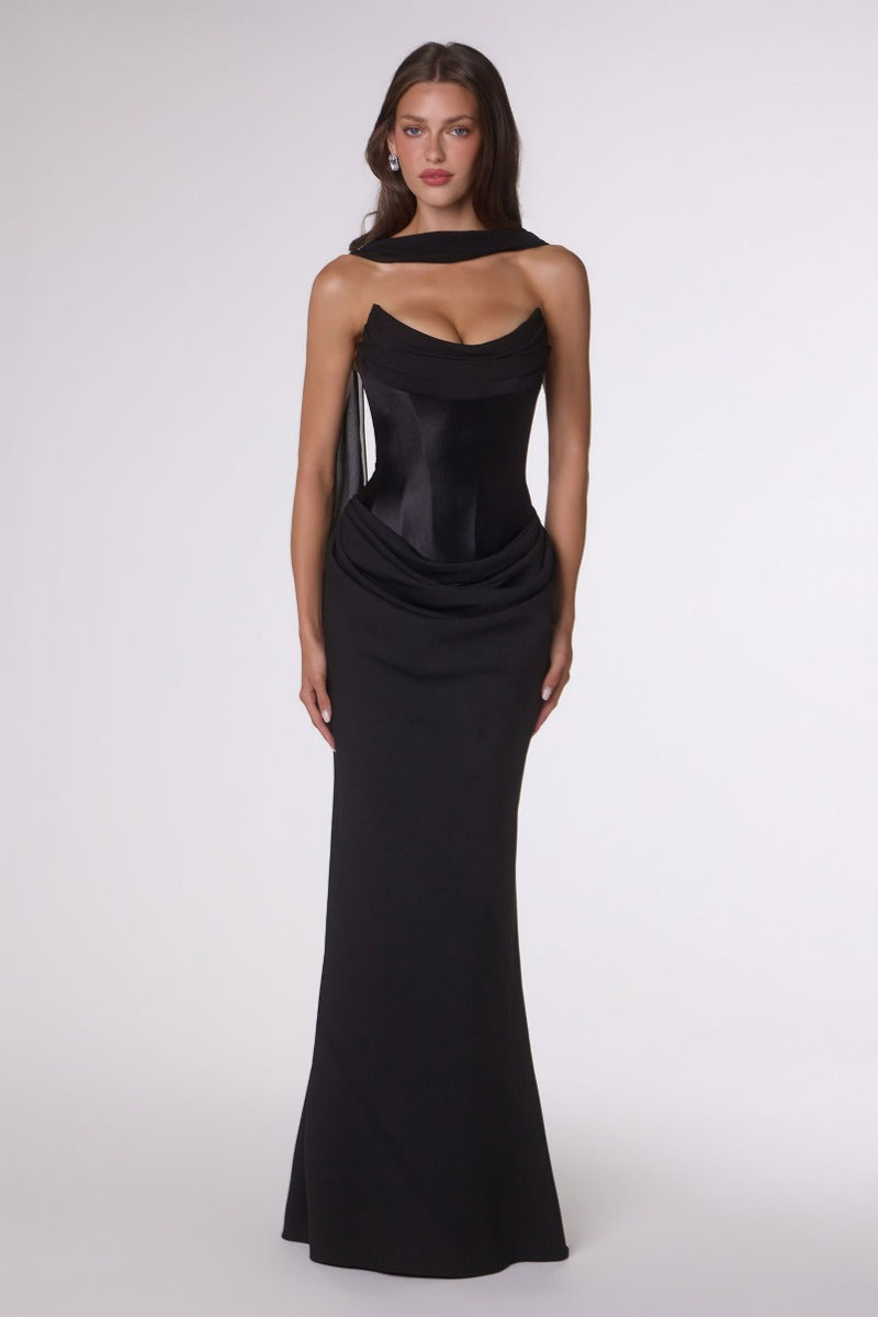 Draped Stretch Satin and Crepe Fitted Gown with Chiffon Scarf-5