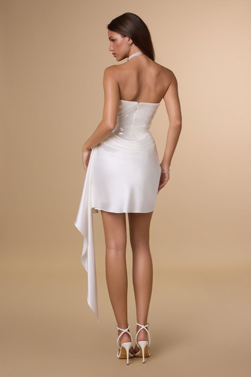 Strapless Sequin Bodice Satin Mini Dress with Draped Sash and Lace-Up Corset Back-1