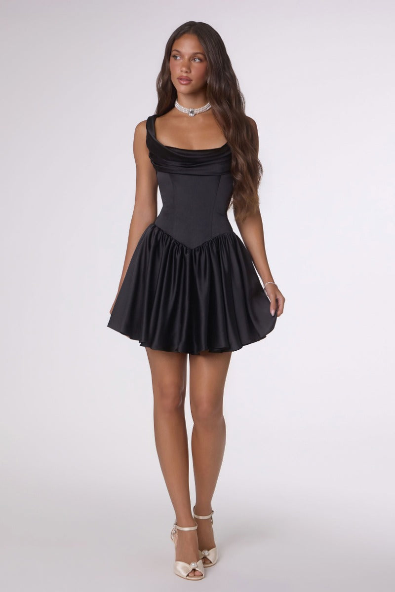 Draped Neck Corset Bodice Satin Mini Dress - Homecoming & Cocktail Party-5