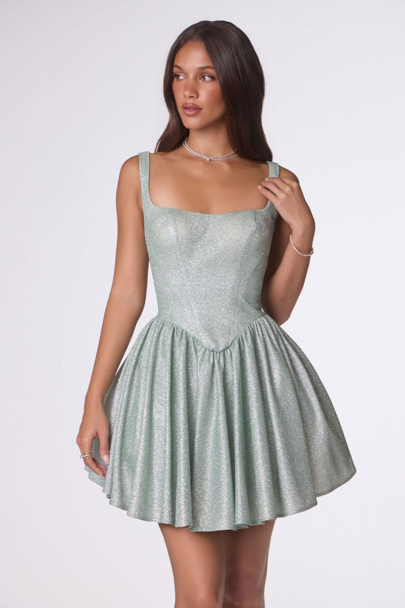Shimmering Square Neck Fit & Flare Mini Dress | Corset Back Homecoming Party Cocktail-4