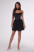 Romantic Satin Bodice Chiffon Fit and Flare Mini Dress with Neck Scarf-5