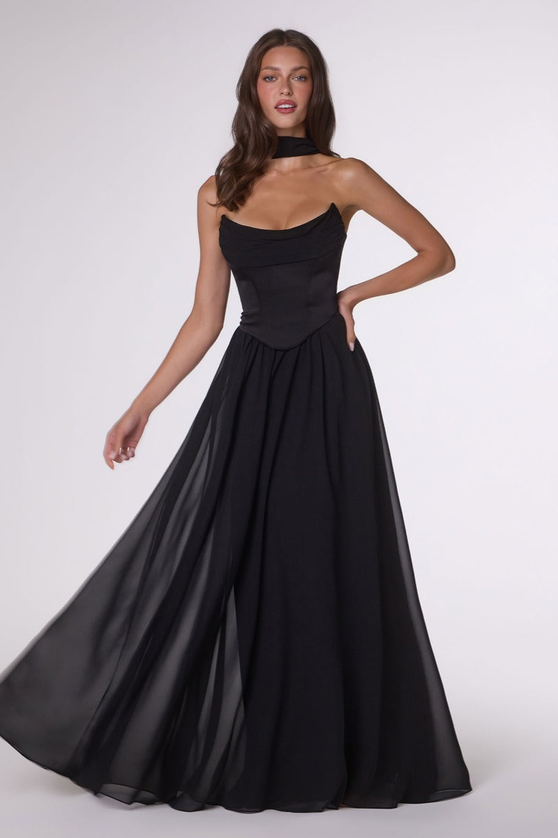 Ethereal A-Line Chiffon & Satin Formal Gown With Draped Bust, Corset Back & Neck Scarf-5