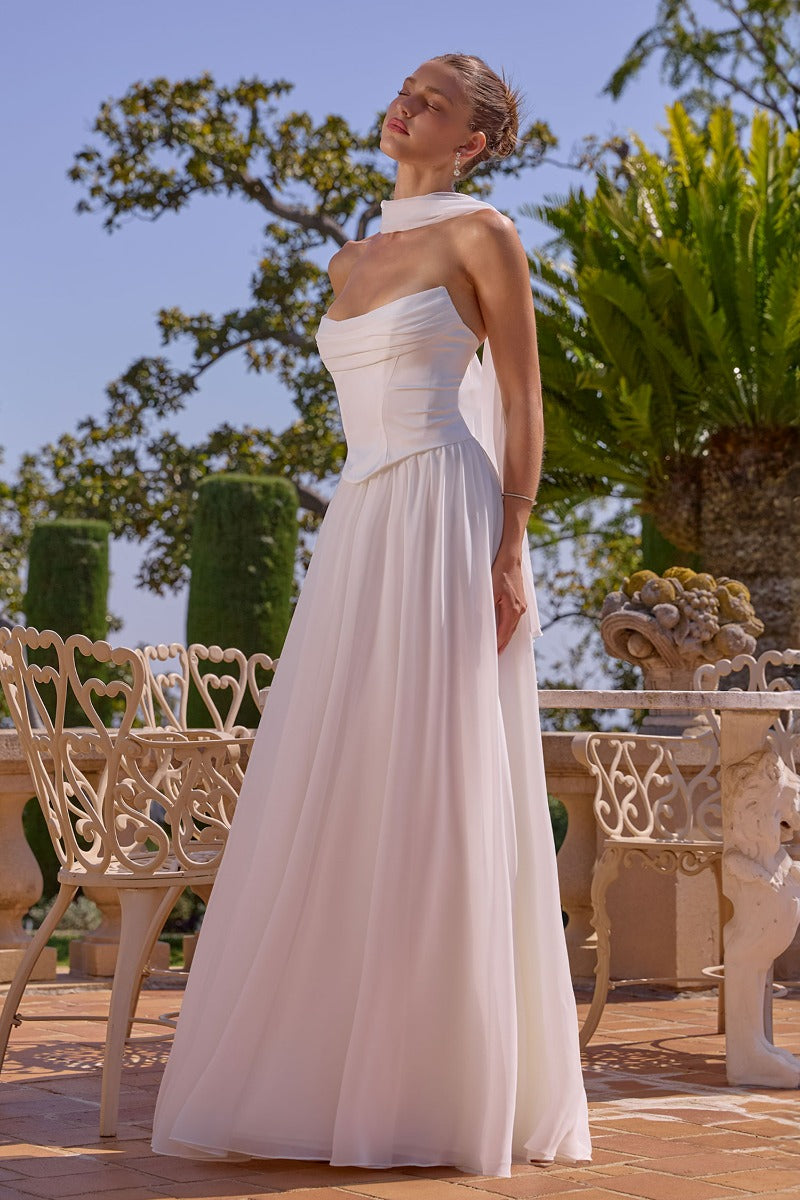 Elegant A-Line Chiffon & Satin Gown - Draped Bust, Neck Scarf & Corset Back-4