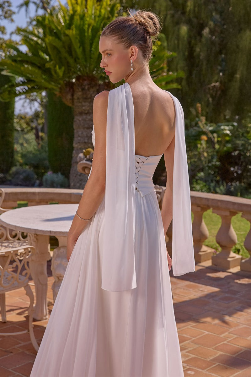 Elegant A-Line Chiffon & Satin Gown - Draped Bust, Neck Scarf & Corset Back-3
