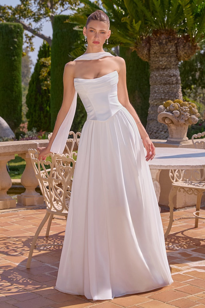 Elegant A-Line Chiffon & Satin Gown - Draped Bust, Neck Scarf & Corset Back-0