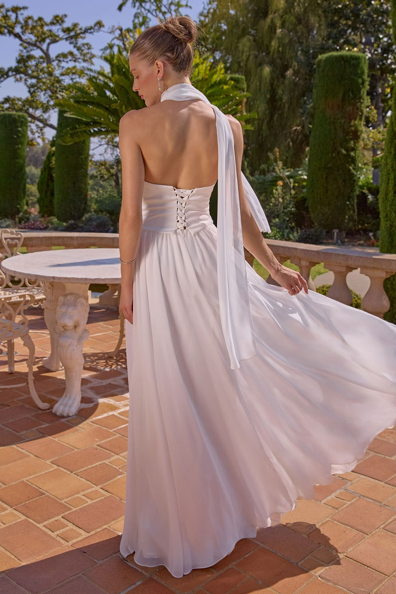 Elegant A-Line Chiffon & Satin Gown - Draped Bust, Neck Scarf & Corset Back-2