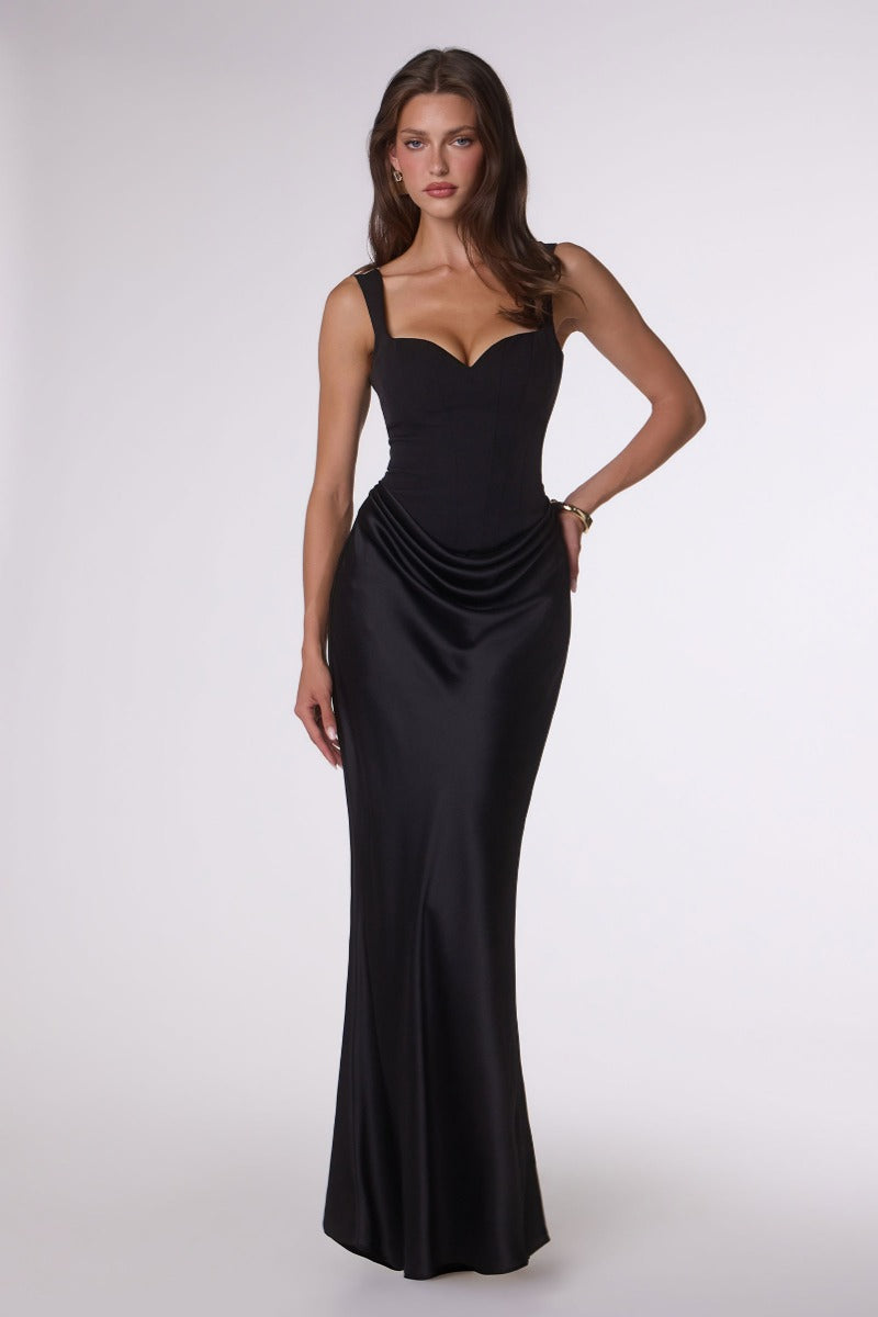 Elegant Crepe Bodice Satin Skirt Fitted Gown | Lace-Up Corset Back Formal Evening Dress-5