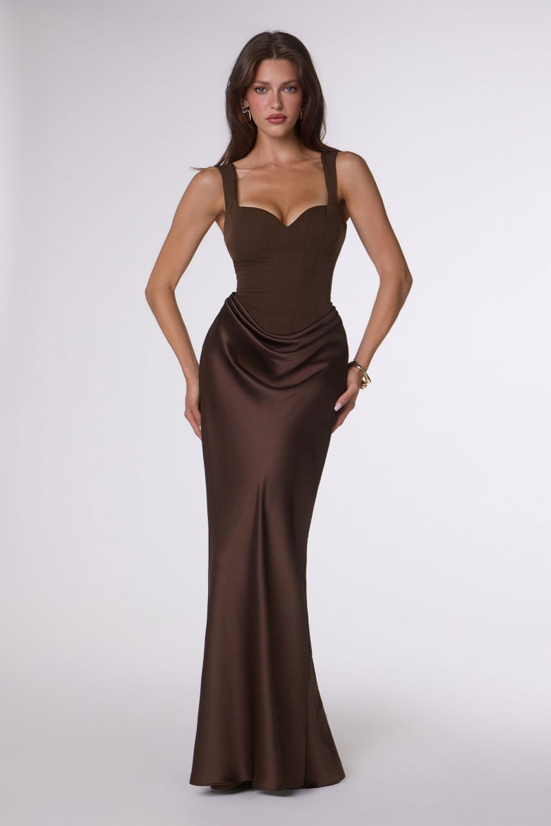 Elegant Crepe Bodice Satin Skirt Fitted Gown | Lace-Up Corset Back Formal Evening Dress-6