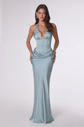 Alluring Plunging Halter Corset Satin Gown - Draped Skirt & Lace-Up Open Back Formal Dress (plus Size)-2