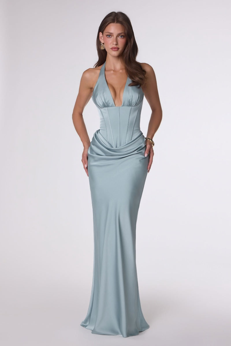 Alluring Plunging Halter Corset Satin Gown - Draped Skirt & Lace-Up Open Back Formal Dress (plus Size)-2
