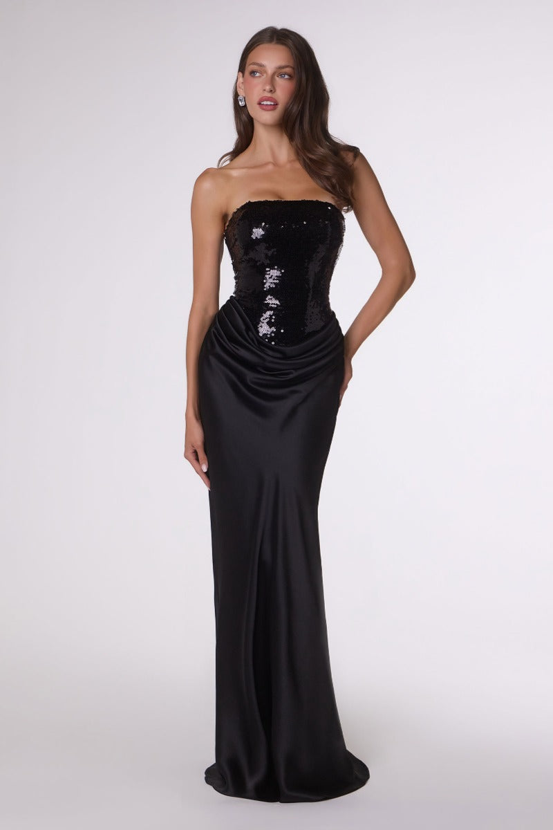 Fitted Sequin Bodice & Satin Skirt Formal Gown With Strapless Neckline And Lace-Up Back-5