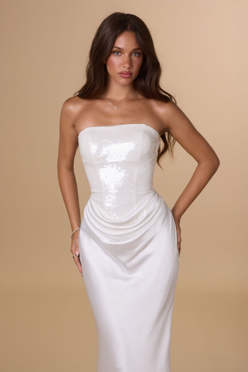 Radiant Sequin Bodice Strapless Satin Fitted Gown | Elegant Formal Evening Dress With Corset Back-3