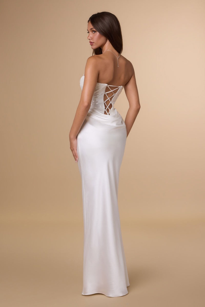 Radiant Sequin Bodice Strapless Satin Fitted Gown | Elegant Formal Evening Dress With Corset Back-2