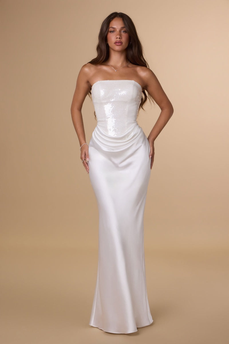 Radiant Sequin Bodice Strapless Satin Fitted Gown | Elegant Formal Evening Dress With Corset Back-1