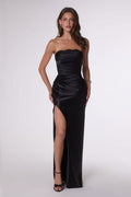 Sophisticated Strapless Ruched Satin Gown With Thigh-High Slit & Lace-Up Corset Back-5