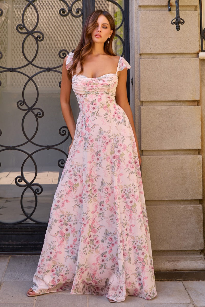 Floral Chiffon A-Line Gown with Draped Sweetheart Neckline and Flutter Sleeves-0