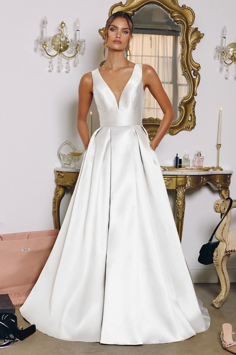 Mikado A-Line Bridal Gown with Deep V Neck and Pockets-0