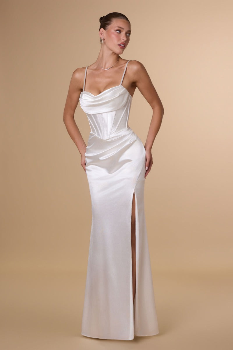 Draped Sweetheart Stretch Satin Gown With Thigh Slit & Corset Back | Plus Size Formal Dress-3