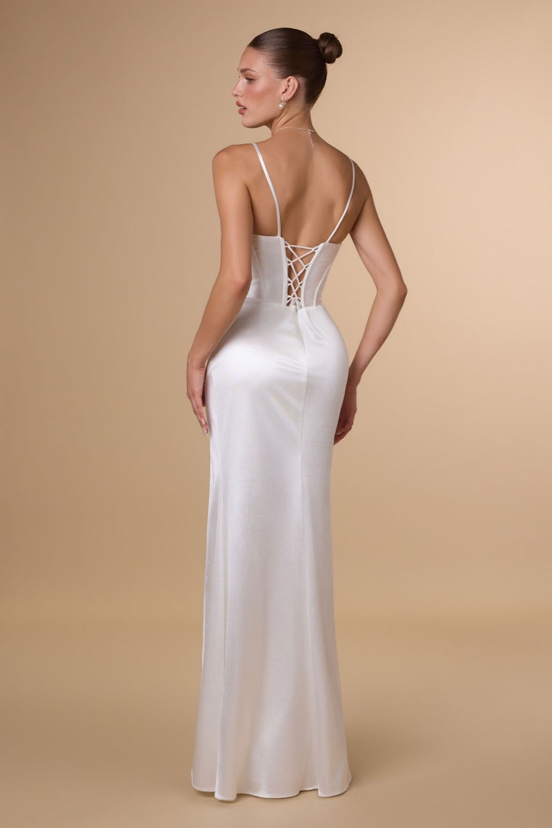 Draped Sweetheart Stretch Satin Gown With Thigh Slit & Corset Back | Plus Size Formal Dress-4